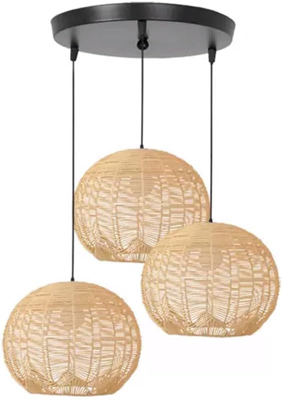 3 Light Rattan Dome Pendant Light Fixture Sphere Bamboo Cluster Lighting Farmhouse Wicker Ceiling Hanging Lamp Rustic Woven Chandelier for Dining Room Kitchen Island Staircase Foyer