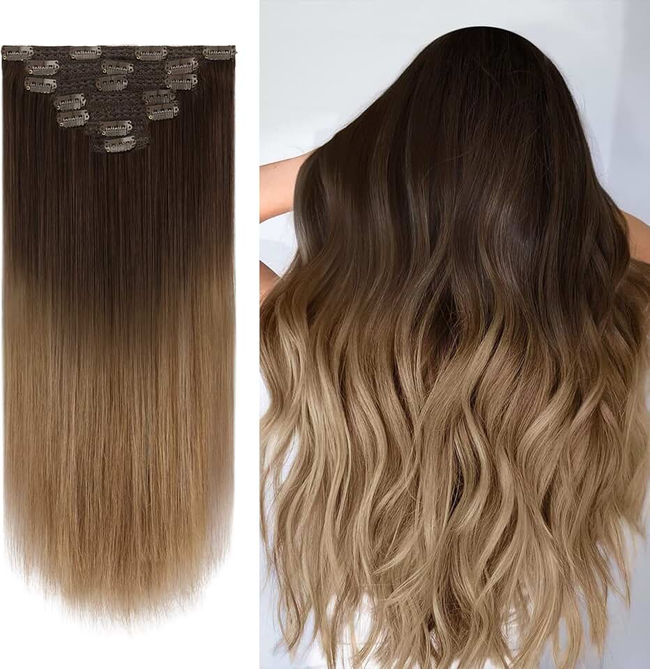 FESHFEN Clip in Human Hair Extensions Real Human Hair Extension 7 PCS Natural Silky Balayage Chocolate Brown to Light Brown and Medium Blonde Straight Long Remy Hair Extensions for Women, 20 inch 120g