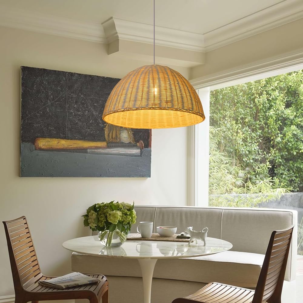 Arturesthome Rustic Woven Rattan Pendant Light, Coastal Lighting Fixture, Vintage Farmhouse Lampshade Chandelier Hanging Ceiling Lamp Shade for Kitchen Island Dining Room