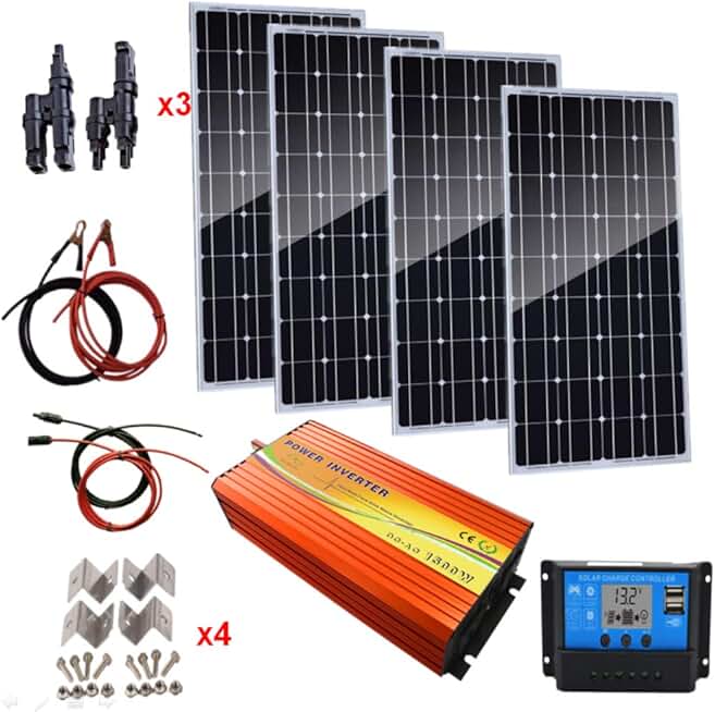 400 Watts Monocrystalline Solar Panel Kit with 1500W Power Inverter & 30A Solar Charger Boat, RV,for Off-Grid 12 Volt Battery Charging