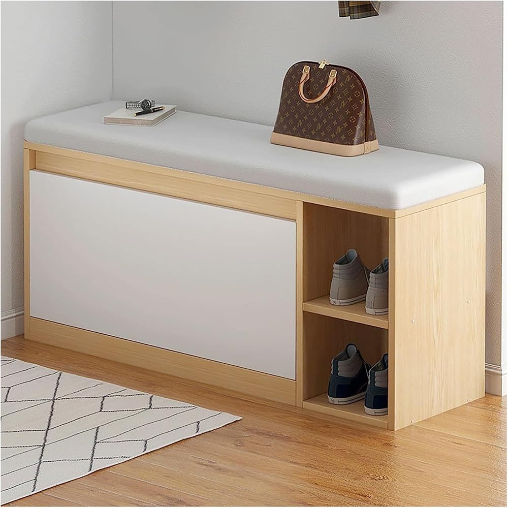 Shoe Storage Bench Entryway Hallway Furniture, Wooden Shoe Storage Bench with Hidden Shoe Rack, Cushioned/PU Entryway Shoe Bench Seat Shoe Organizer Shoe Cabinet(80CM)