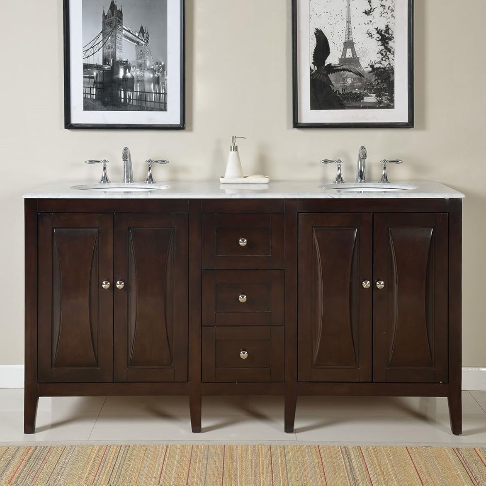 Silkroad Exclusive FS-0269-WM-UWC-68 Countertop Marble Dual Sink Bathroom Vanity with Cabinet, 68
