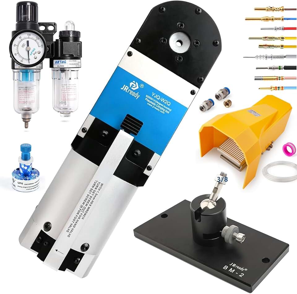 JRready YJQ-W2Q Pneumatic Crimp Tool-Equivalent to Hand Tool,Wire Range 12-26AWG+Adjustable Bench Mount +Pneumatic Foot Valve+Adjustable Positioner+Air Filter Regulator