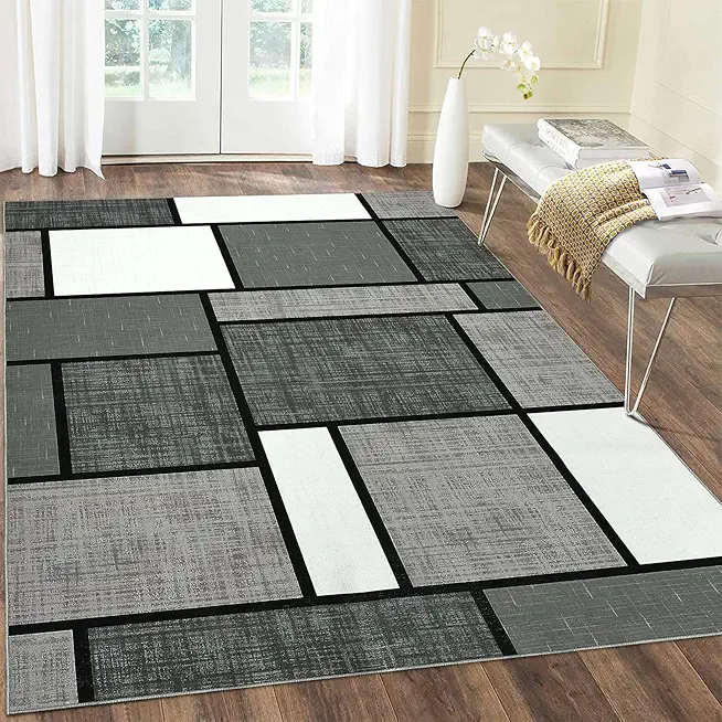 Area Rug 10x13 Washable Rug Large Rug Modern Boxes Area Rug Non Slip Non Shedding Indoor Carpet Low Pile Soft Rug for Dinning Room Living Room, Grey, 10'x13'