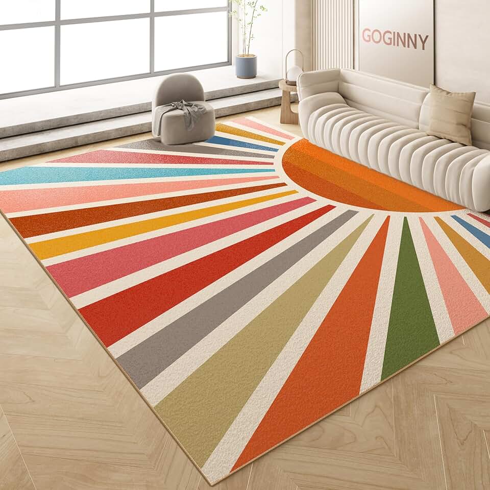 Washable 9x12 Sun Area Rug for Living Room, Rainbow Sun Modern Boho Large Area Rugs, Faux Wool Low Pile Lightweight Soft Indoor Floor Carpet with Non-Slip Backing for Bedroom Kids Nursery Play Room