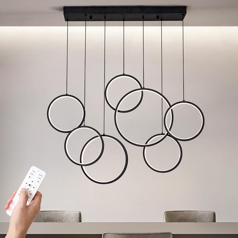 Modern LED Chandelier, 7 Rings Dimmable Chandelier with Remote Control, Black Pendant Light Adjustable Height Hanging Ceiling Light Fixture for Dining Room Foyer Staircase Living Room