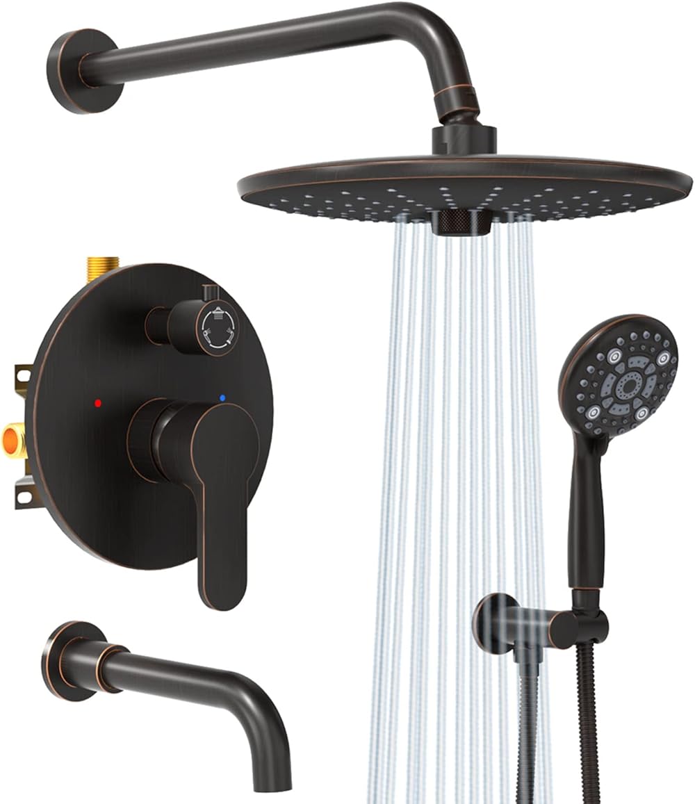 SR SUN RISE 10 Inches Shower Faucet Set Shower System with Tub Spout, Wall Mounted Bath Tub Faucet Combo, 3-Spray Rain Shower Head and 6-Setting Handheld Shower Kit, Valve Include, Oil Rubbed Bronze