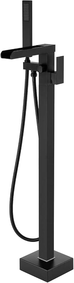 Waterfall Tub Filler Freestanding Bathtub Faucet Black Floor Mount Brass Single Handle Bathroom Faucets with Hand Shower