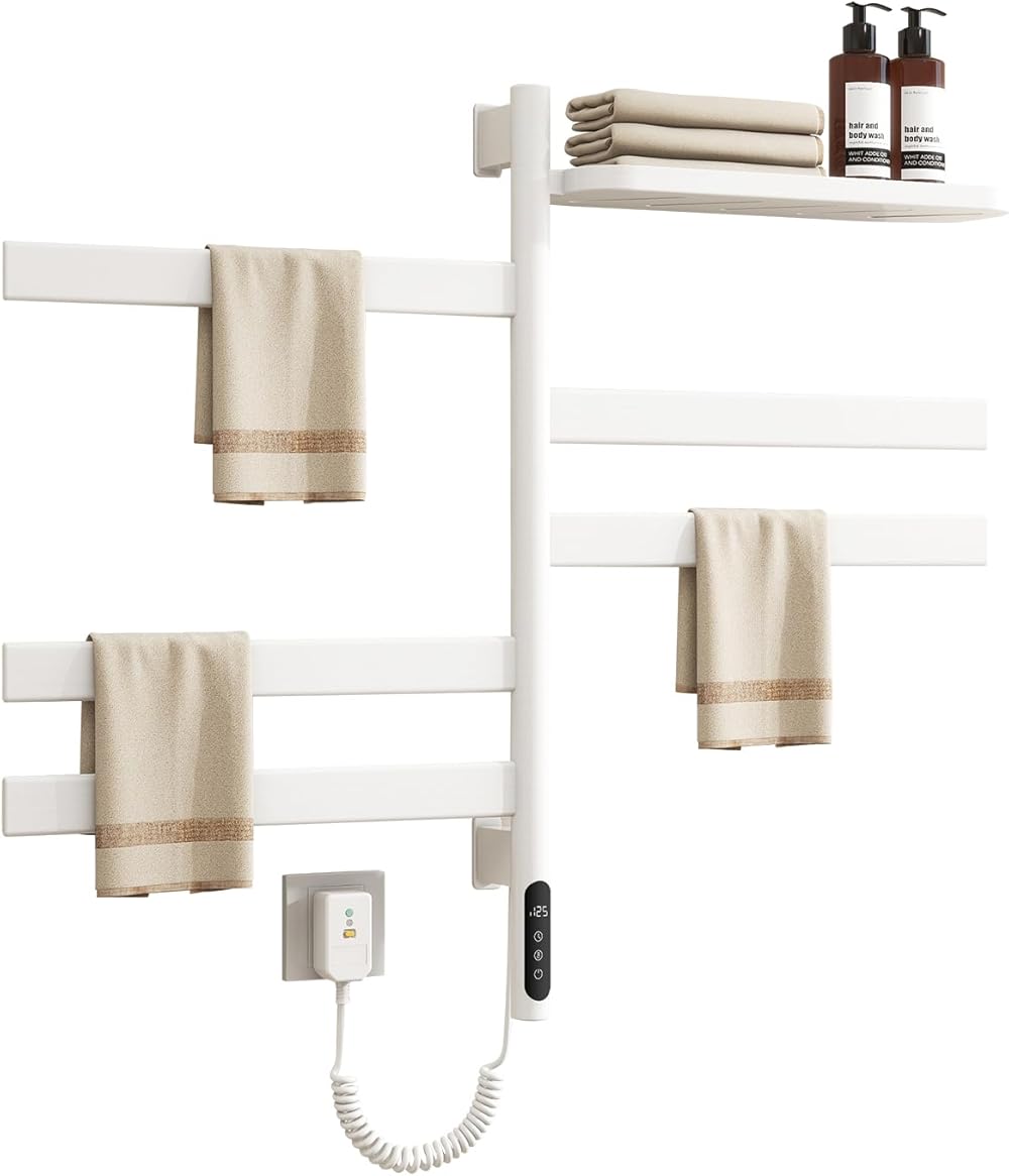 Heated Towel Rack with Top Tray,Electric Swivel Towel Rack Wall Mounted Drying Rack, Towel Warmer 5 Bars with Built-in Timer, for Home Bathroom, Salons and Spas,Plug-in or Hardwired,White