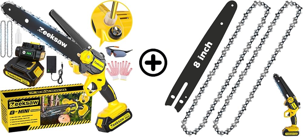 8 Inch Battery Chainsaw with extra 2 chains and Replacement Bar, Mini Chainsaw 8 inch Cordless Hand-Held Electric Chain Saw