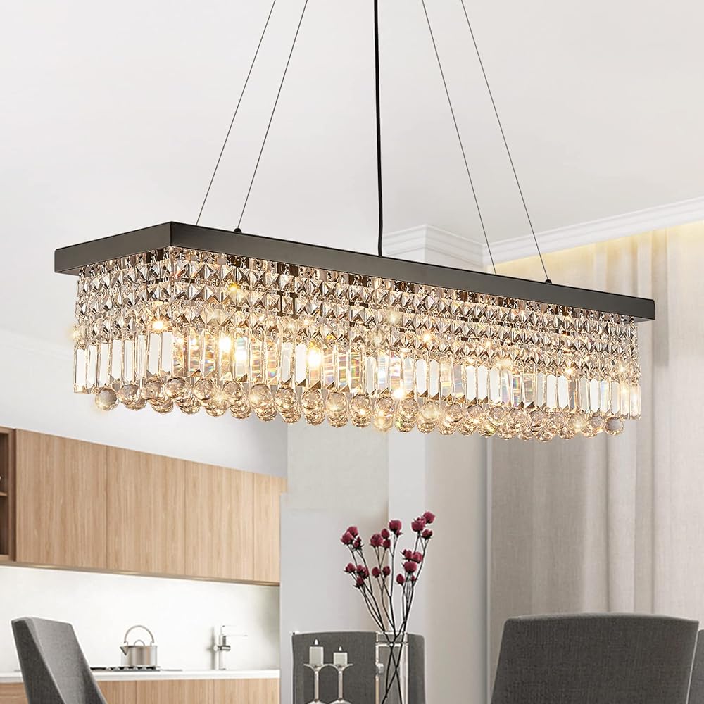 Rectangle Crystal Black Chandelier Modern Rectangular Pendant Lighting Fixture for Dining Room Kitchen Island Bedroom Black L31.5 x W10 x H10