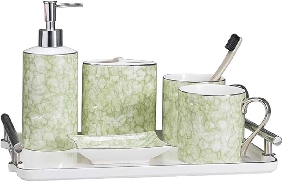 CKSEKD Ceramic Bathroom 6Pieces Accessories Set, Reusable Marble Mouthwash Cup with Lotion Dispenser, Mouthwash Cup, Vanity Tray, Soap Dish and Toothbrush Holder for Hotel Countertop Home Decor Bath