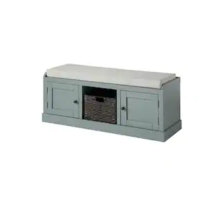 Light Blue Homes Collection Wood Storage Bench with 2-Cabinets and 1-Basket 18.3 in. H x 45.7 in. W x 15.7 in. D