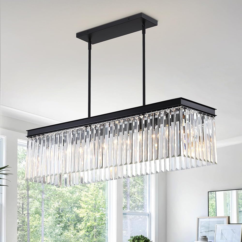 Crystal Chandeliers for Dining Room 6-Light 36.25 in Black Modern Chandelier Rectangle Contemporary Pendant Light Fixture for Kitchen Island Bar, DD030-6-BK
