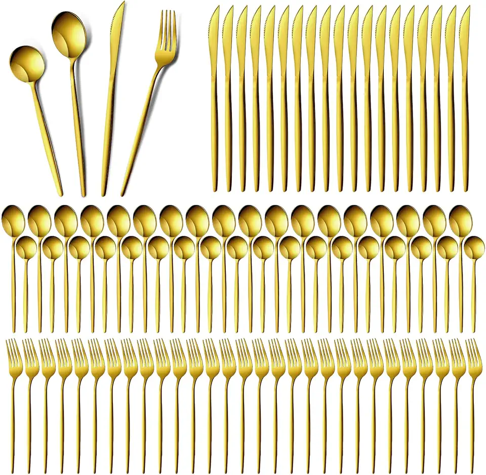Yaomiao 400 Pcs Gold Silverware Set with Knives Spoons and Forks Portable Stainless Steel Flatware Set Reusable Gold Utensils Set Dishwasher Safe Gold Cutlery Set for Kitchen Restaurant Service