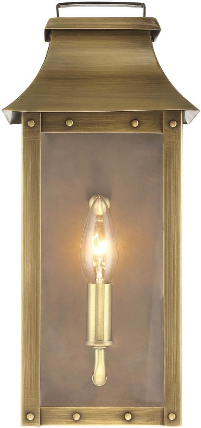 Acclaim Lighting 8413AB | Vintage Solid Brass One Light Dimmable Wall Mounted Outdoor Wet Rated Lantern with Clear Glass | Hand Crafted Classic Colonial America Design (Aged Brass - Style Three)