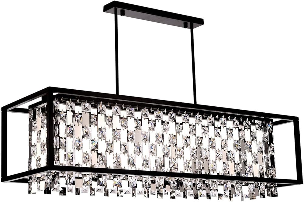 Black 6-Lights (Include LED bulbs) K9 Crystal and Mirror Style Pendants Rectangle Chandelier Lights for Restaurant Dining Room Living Room Kitchen Island Bedroom (W 36