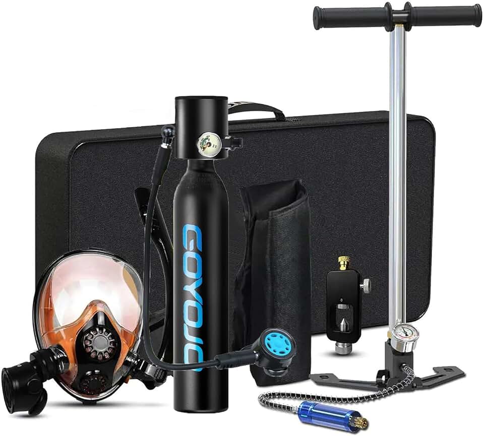 1L Scuba Diving Cylinder Diving Mask Combination Oxygen Tank Dive Respirator for Snorkeling Breath Diving Equipment with Breathing Mask and Manual Air Pump, 10-15 Min of Underwater Breathing Device