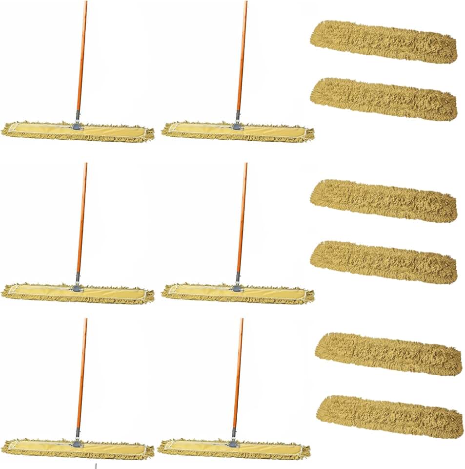 36 Inch Yellow Dust Mop with Wood Handle and 36 Inch Dust Mop Refill Bundle - 6 Mop Sets and 6 Refills