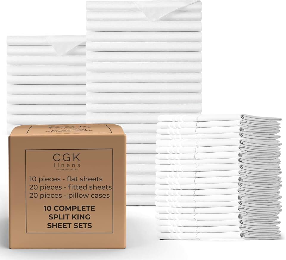Bulk Case Pack of 10 Sheet Sets - (10) Complete Sheet Sets - Bulk Pack of Split King Sheet Sets - Bulk Split King Sheets - Bulk Sheets for Hotels & Airbnbs - Exceptional Value - (Split King, White)