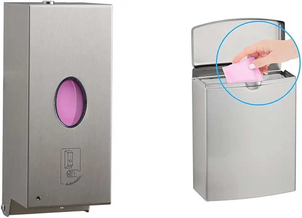 Bobrick Automatic 30 fl oz Stainless Steel Liquid Soap Dispenser & 1 Gallon Stainless Steel Sanitary Napkin Disposal Wall Mounted Flip Top Receptacle