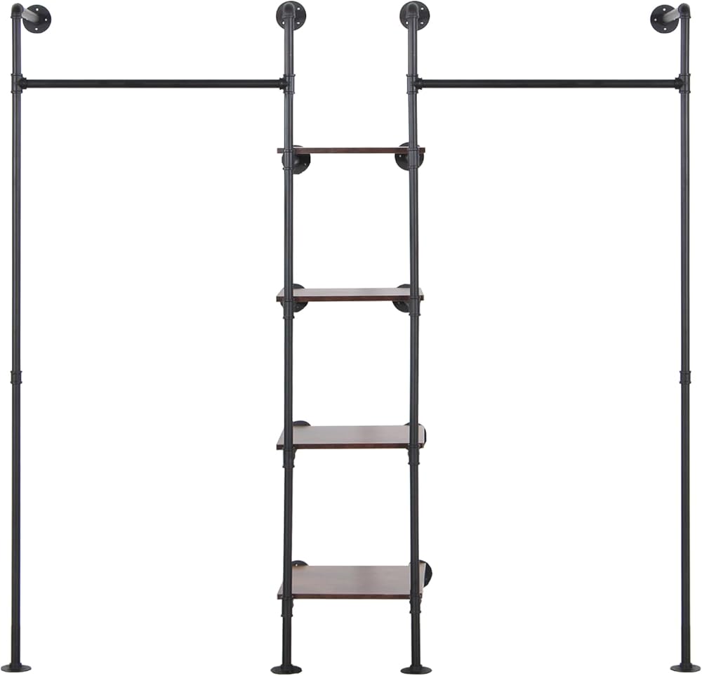 Wall Mounted Industrial Pipe Heavy Duty Clothes Rack, Clothing Rods for Hanging Clothes, Freestanding Clothing Rack with 2 Hang Rods & 4 Shelves, 72.8