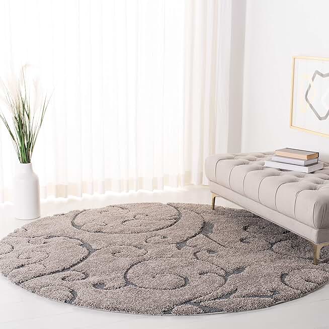 SAFAVIEH Florida Shag Collection Area Rug - 9' Round, Grey & Light Blue, Scroll Design, Non-Shedding & Easy Care, 1.2-inch Thick Ideal for High Traffic Areas in Living Room, Bedroom (SG455-1160)