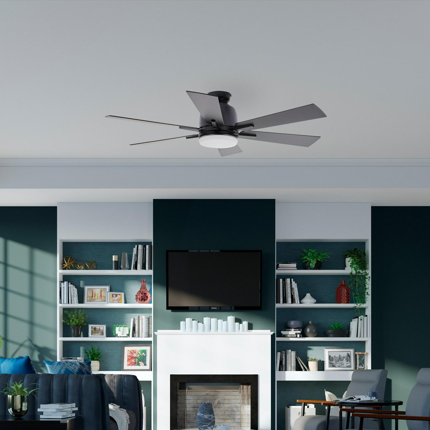 Harbor Breeze Bradbury 48-in Matte Black Integrated LED Indoor Downrod or Flush Mount Ceiling Fan with Light and Remote (6-Blade)
