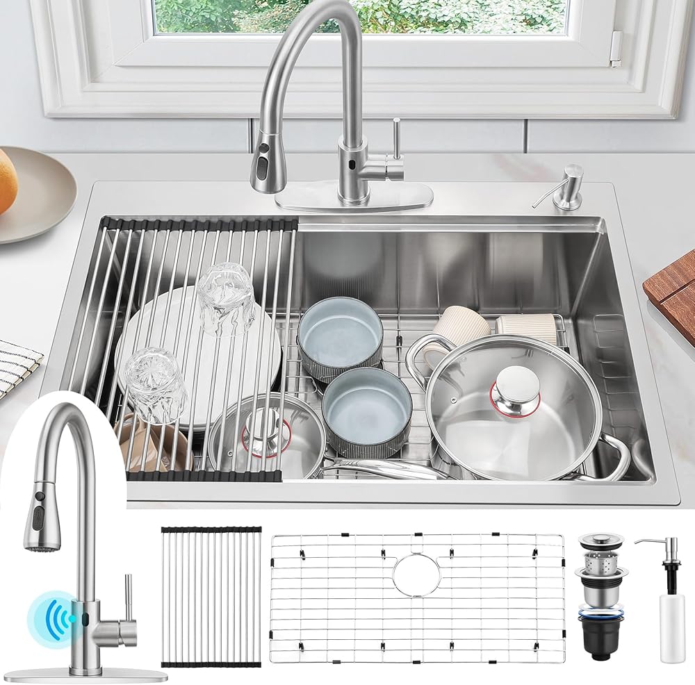 33x22Inch Drop In Kitchen Sink with Touchless Faucet Combo, Herogo 18/10 Stainless Steel Single Bowl Kitchen Topmount Workstaion Sink, Handmade 10'' Deep Kitchen Sink with Accessories