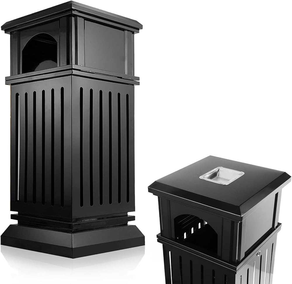 IRONWALLS Commercial Trash Can with Lid, Black Outdoor Garbage Can for Patio, Side Opening Steel Square Commercial Waste Bin, Decorative Trash Container with Removable Inner Bucket for Park, Garden