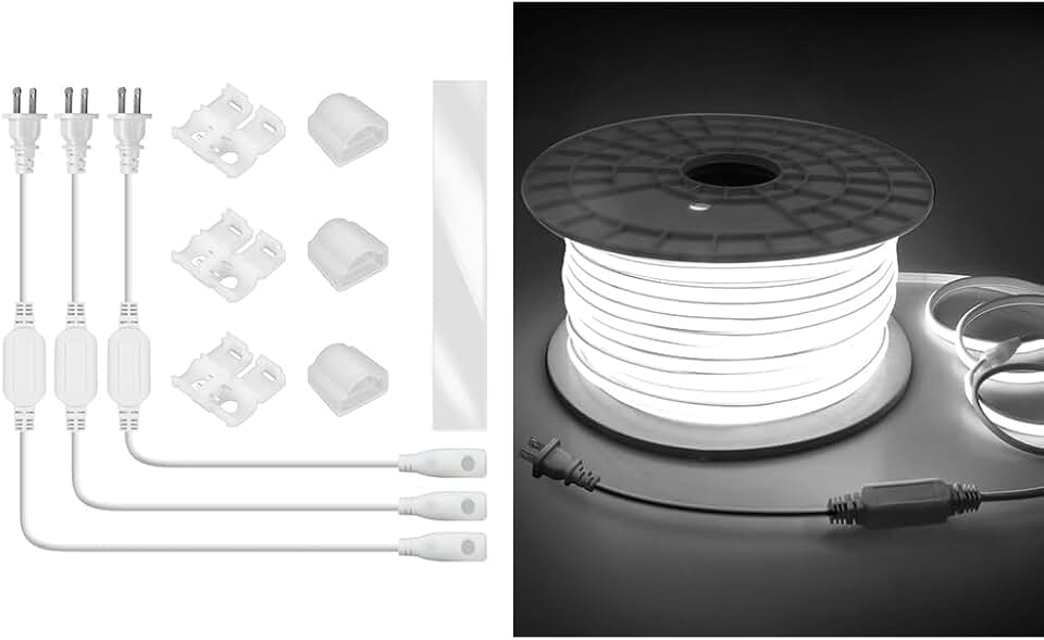 90M Outdoor COB Led Strip Lights Waterproof 300FT 1 Roll Soft 120V High Voltage Led Rope Light Plug in Daylight White+ LED Strip Connectors Kit for Single Color AC 110V-130V 6.5 * 11mm COB LED