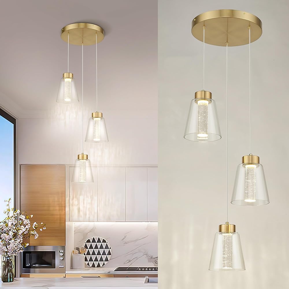 kudos Modern Brushed Gold Pendant Light, 3-Light Cluster Pendant Lights Kitchen Island with Crystal Bubble, Led Hanging Lights for Kitchen, Bedroom, Dining Room, 3CCT Adjustable KDPL05-GD-3L
