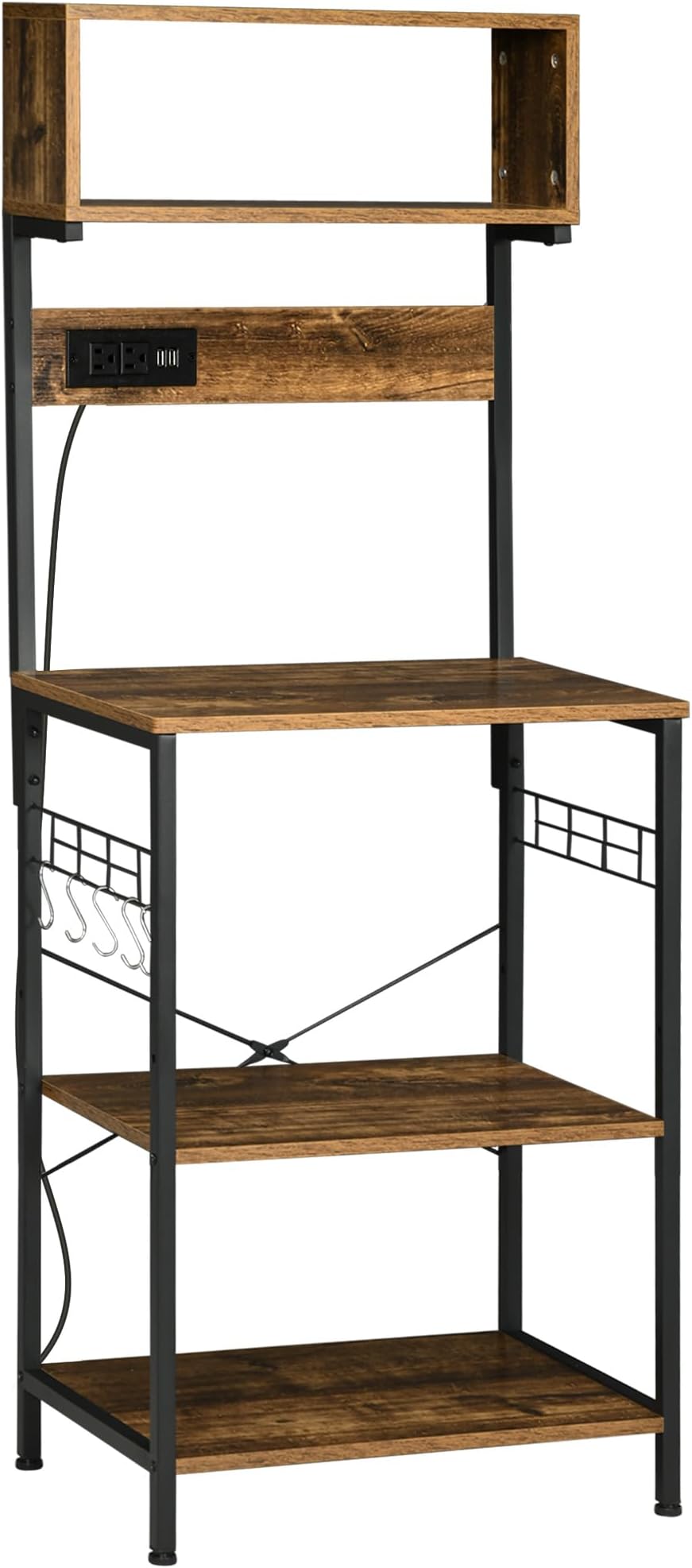 Kitchen Bakers Rack with Power Outlet, USB Charger, Microwave Stand, Coffee Bar with Adjustable Shelves, 5 Hooks for Spices, Pots and Pans, Rustic Brown
