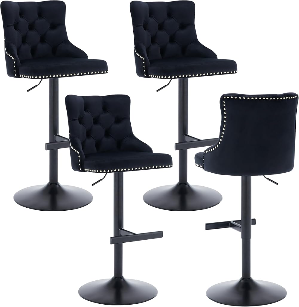 Velvet Bar Stools Set of 4, Button Tufted Barstools, Height Adjustable Swivel Counter Bar Chairs with Upholstered Seat Back, Rivet Trims, Black Metal Base for Kitchen Island, Black
