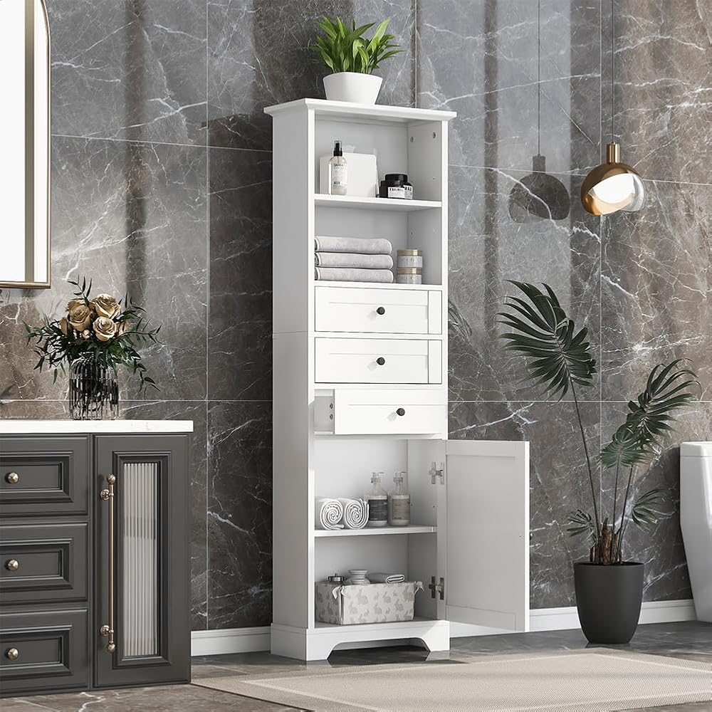 Tall Bathroom Storage Cabinet, Bathroom Cabinet with 3 Drawers, 2 Open Storage Shelves & 1 Door, 68.3″ Storage Cabinet Floor Standing, Narrow Floor Cabinet for Bathroom, Kitchen, Living Room White