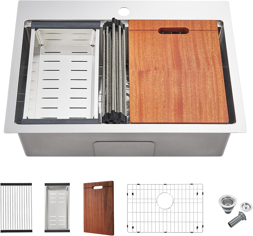 25-inch Workstation Kitchen Sink Drop In, 25x18 Inch 18 Gauge Stainless Steel Topmount Kitchen Sink Single Bowl with Cutting Board& Strainer