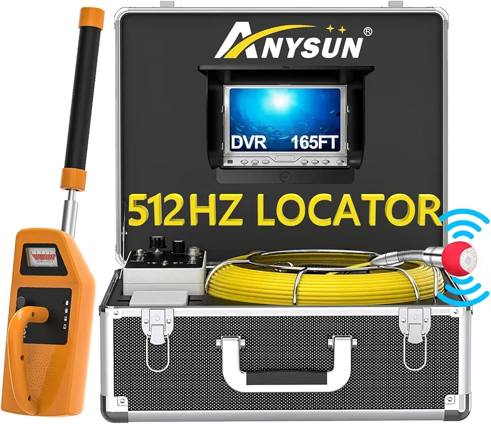Sewer Camera with Locator, Anysun 165FT with 512HZ Locator Set and Receiver for Drain Plumbing Video Inspection 7'' LCD HD Screen Waterproof IP68 Cameras with 12pcs LED Light(8GB SD Card-DVR Record)