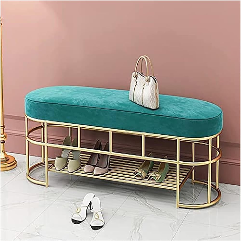 Shoe Storage Bench Entryway Hallway Furniture, Entryway Bench with Golden Shoe Rack, Velvet Shoe Cabinet, Bedroom Bench Shoe Cabinet for Entry Living Room(100x35x45cm)