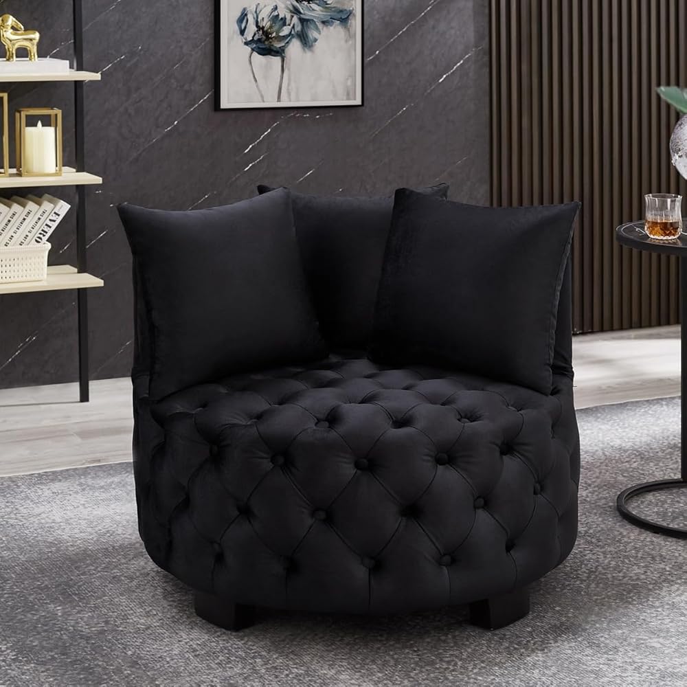 24KF Contemporary Upholstered Tufted Leisure Chair Accent Chair, Sofa Lounge Club Round Chair for Living Room Hotel with 3 Pillows 7022-Black