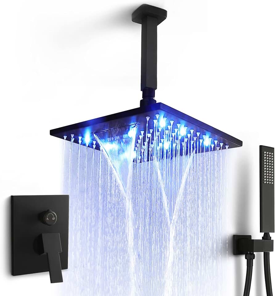 SKOWLL Matte Black Square Shower Faucet Set Rainfall Shower Head LED Shower Faucet Overhead Shower System Shower Head and Handle Set Ceiling Mount 10 Inch with 2 Function Shower Valve Kit