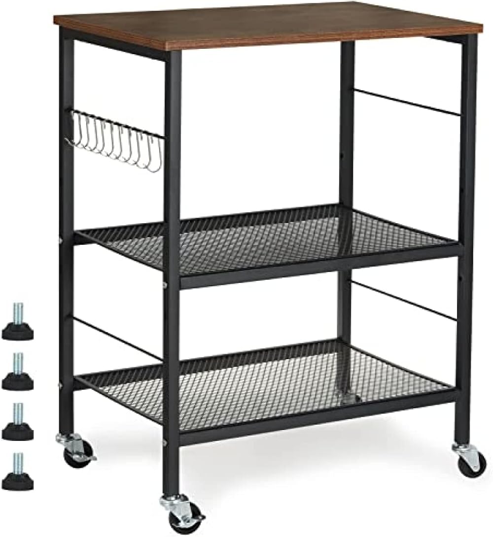 Kitchen Cart Bakers Rack with Wheels Utility Storage Shelf Microwave Oven Stand, 10 S-Shape Hooks and Wire Basket for Spice Rack, Metal Frame Cart w/Wheels