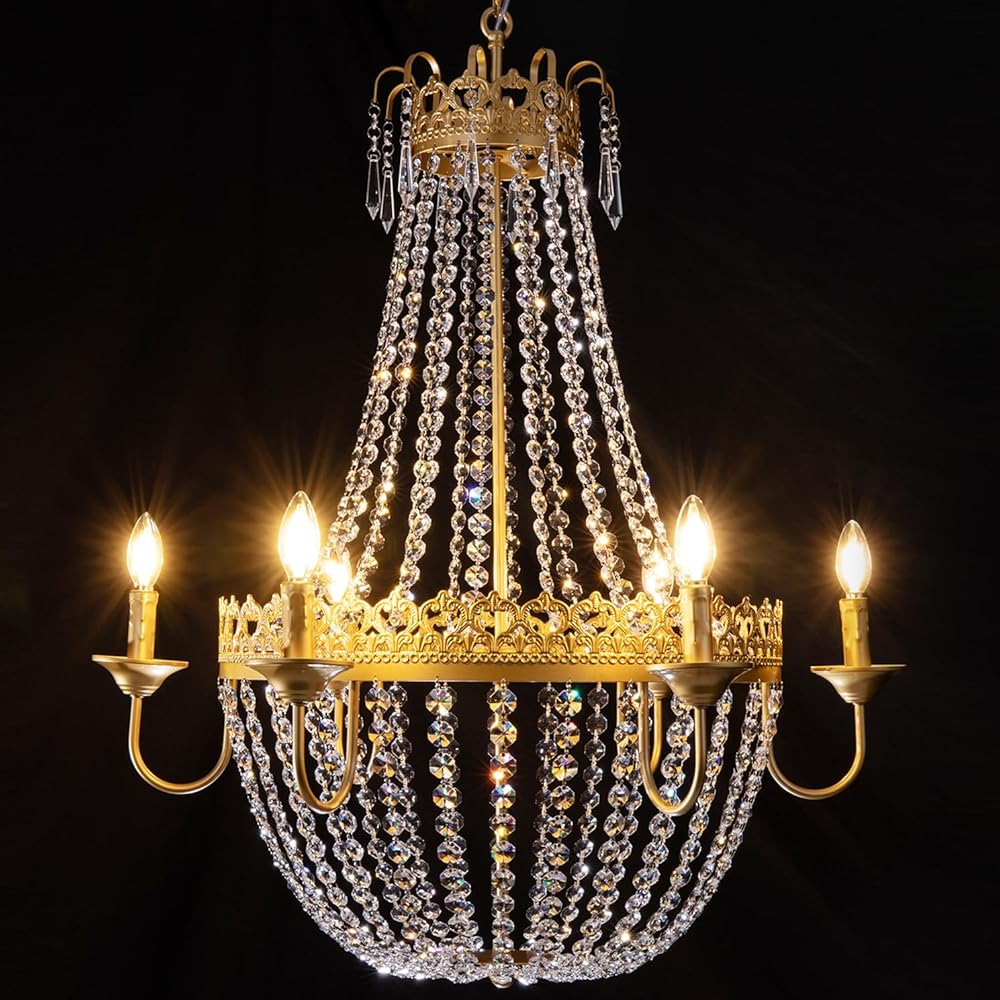 TOCHIC French Empire Crystal Chandelier, 6-Light Modern Gold Chandelier for Dining Room, Hanging Ceiling Luxury Light Fixture for Bedroom, Living Room, Kitchen Island, Hallway, Foyer, 31.5