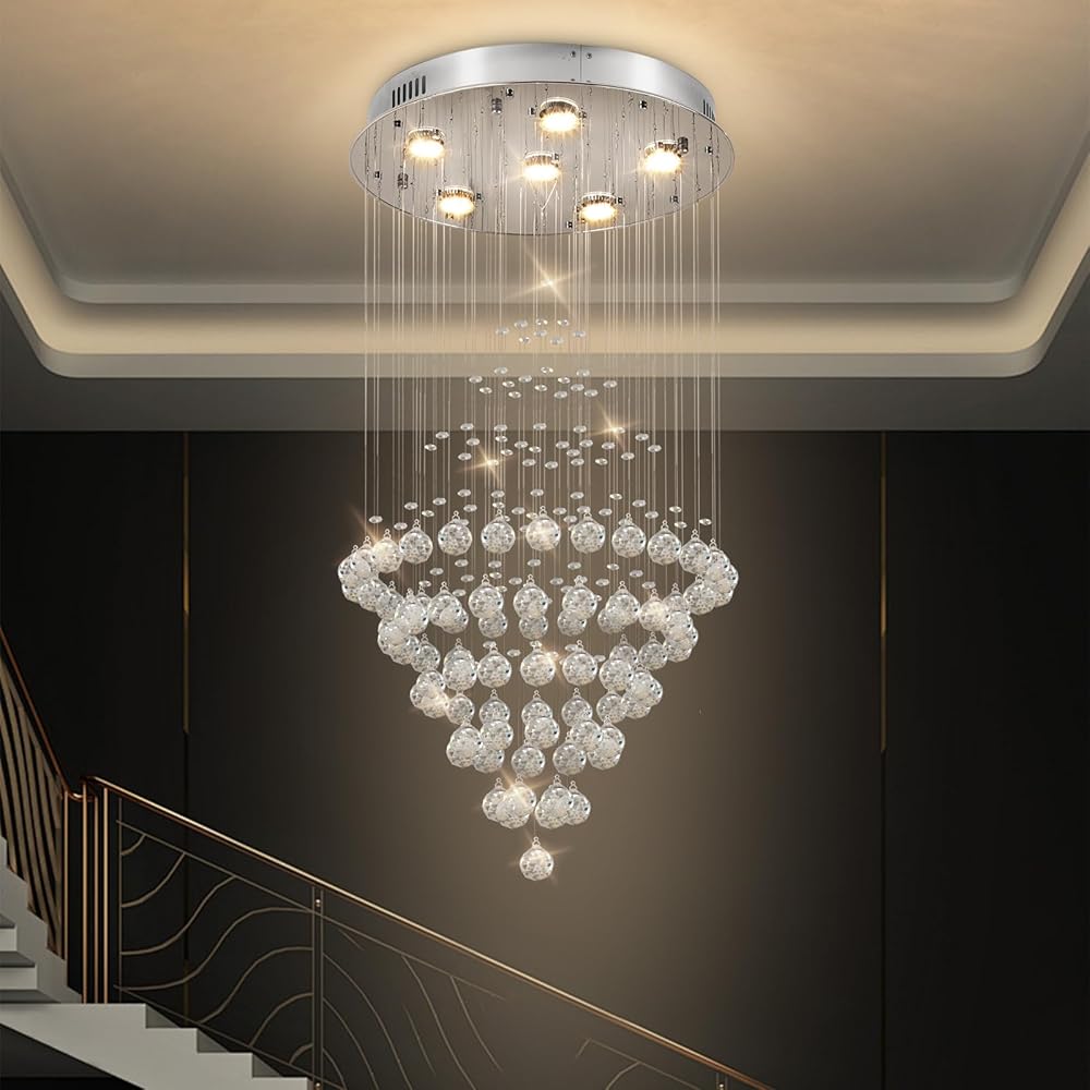 Large Foyer Chandeliers for High Ceiling Entryway Staircase Entrance, 6-Lights Modern Raindrop Crystal Big Ceiling Light Fixture Grand Luxurious Cascading Lighting for Living Room D19''XH39''