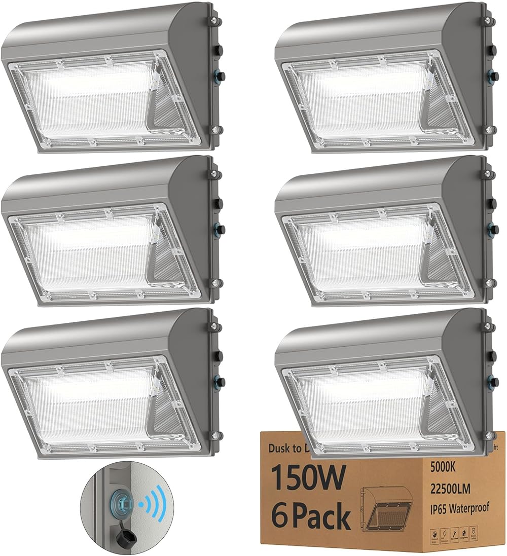 6 Pack 150W LED Wall Pack Light with Dusk to Dawn Photocell, 22500LM 5000K IP65 Waterproof Wall Pack Lights Outdoor LED Commercial Security Light for Parking Lot, Warehouse, Yard AC120-277V
