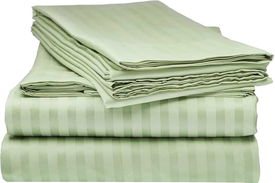 True Luxury Pure Heavy Rich Supima ELS Cotton 6-Piece Bed Sheets Set King Size Fits mattresses Upto 25-28” deep Pocket – Sateen Weave (Stripe, Sage Green)