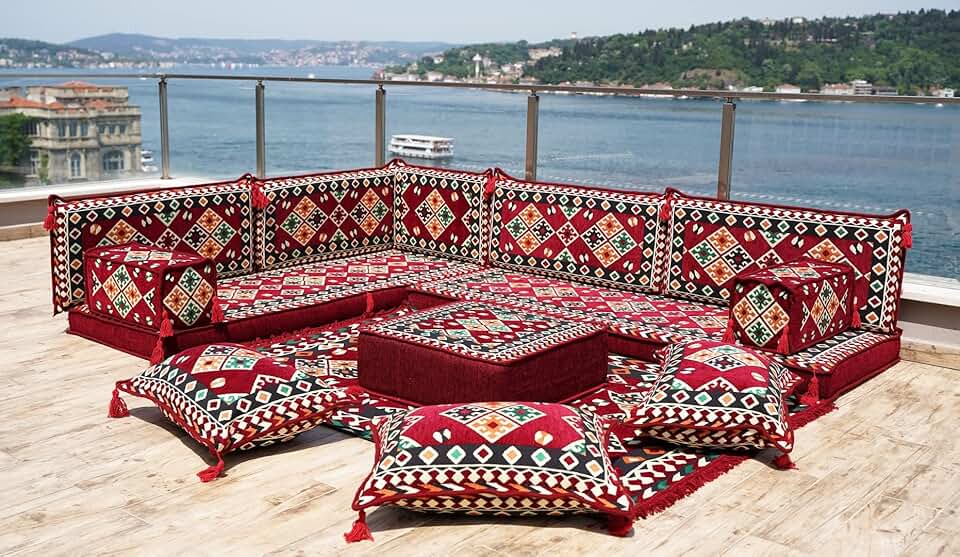 Arabic Sofa Seating Set, Floor Cushions, Moroccan Rug, Sectional Sofas, Arabic Majlis Set, Oriental Sofa, Ottoman Couch (4'' Thickness Sofa, L Sofa Full Set, Burgundy)