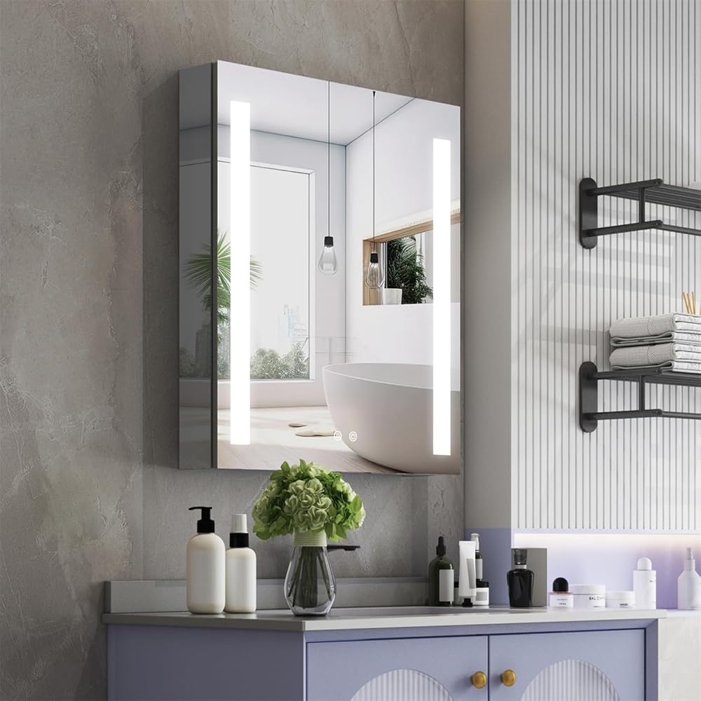 WELLFOR Bathroom Defog Mirror Medicine Cabinet with Dimmer, Outlets & USB Ports, Built in Shelves, Wall Bathroom Storage Organizer Cabinet, Recessed or Surface, Single Left Opening Door, 24