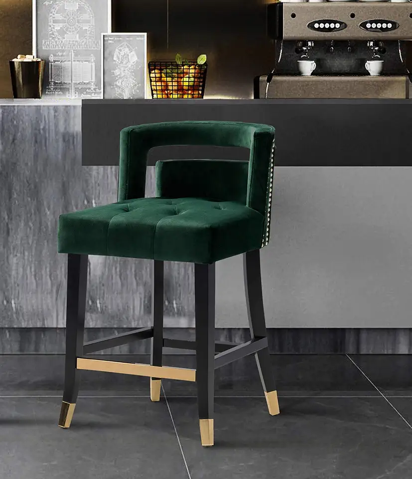 Irithel Counter Stool Chair Velvet Upholstered Nailhead Trim Half Back Seat Design Tone Footrest Bar Gold Tip Tapered Wood Legs Modern Transitional, GREEN
