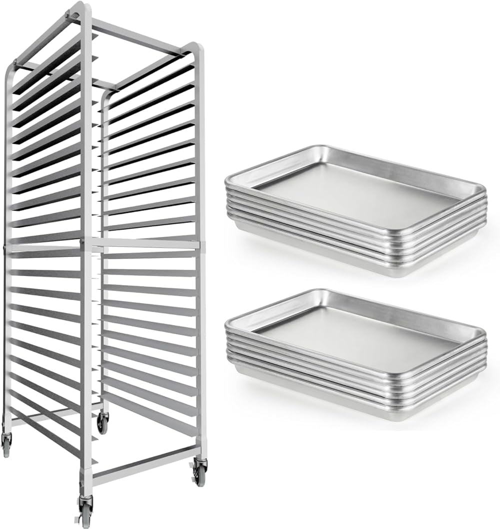 CURTA Commercial 20 Tier Bun Pan Bakery Rack with 12 Pack Aluminum Sheet Pan, NSF Listed, Full Size 26 x 18 inch Commercial Bakery Cake Bun Pan