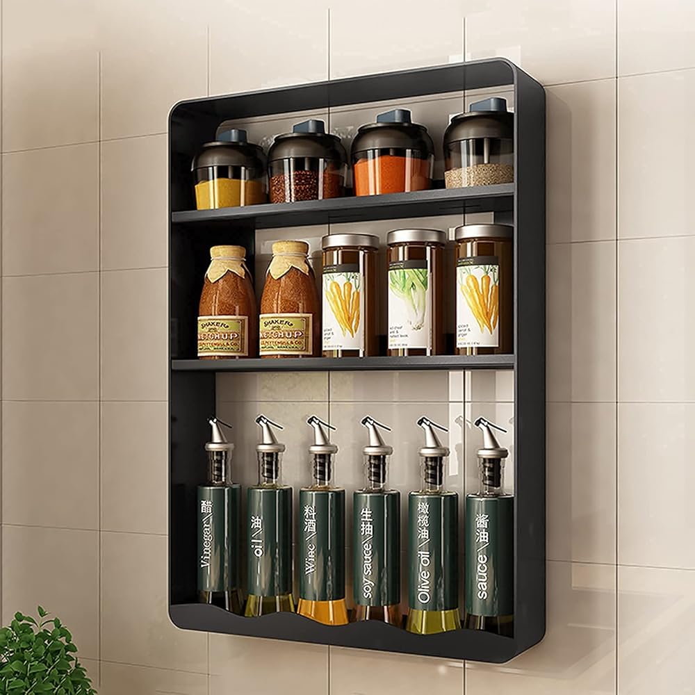 Spice Rack Organizer Wall Mounted 3 Tier Hanging Spice Shelf Storage Large Seasoning Holder Racks for Kitchen Cabinet Pantry Door Bathroom (Color: Black) (Black) (Black)